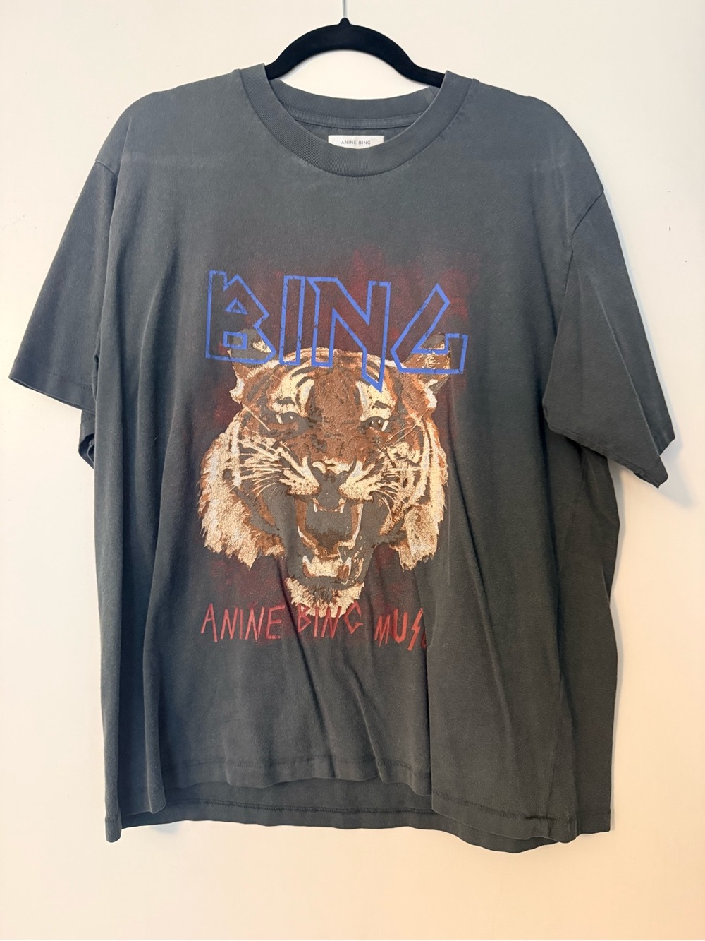 ANINE BING Charcoal Graphic Tiger Short Sleeve Tee with Blue Logo - Picture 2 of 5